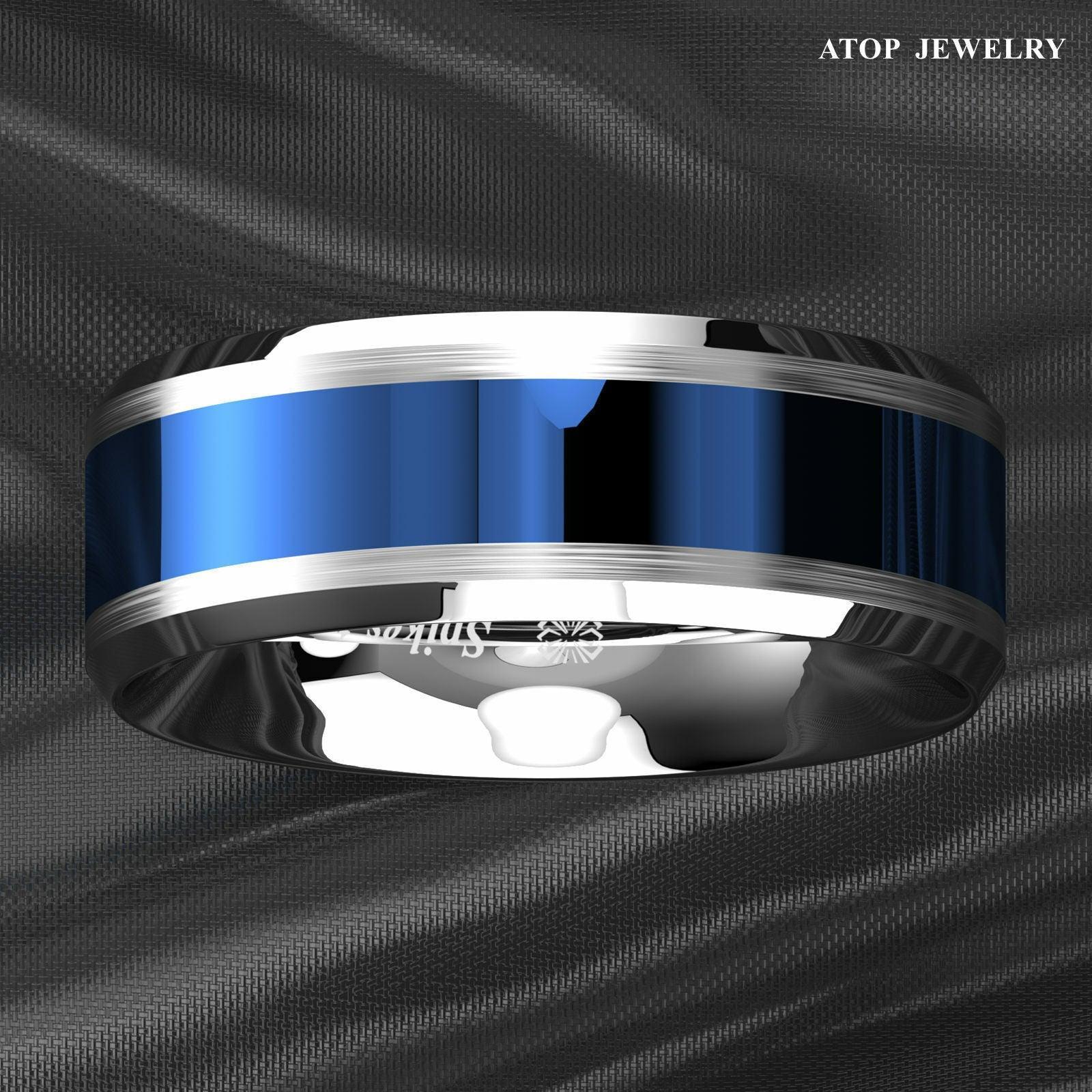 Tungsten Rings for Men Wedding Bands for Him Womens Wedding Bands for Her 8mm Blue Center Silver Brushed Edge - Jewelry Store by Erik Rayo