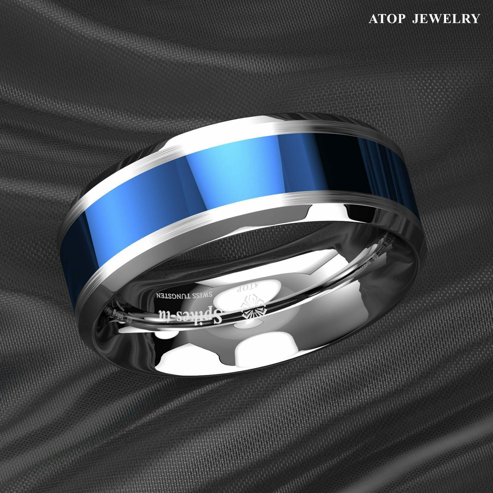 Tungsten Rings for Men Wedding Bands for Him Womens Wedding Bands for Her 8mm Blue Center Silver Brushed Edge - Jewelry Store by Erik Rayo