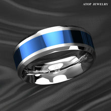 Load image into Gallery viewer, Tungsten Rings for Men Wedding Bands for Him Womens Wedding Bands for Her 8mm Blue Center Silver Brushed Edge - Jewelry Store by Erik Rayo
