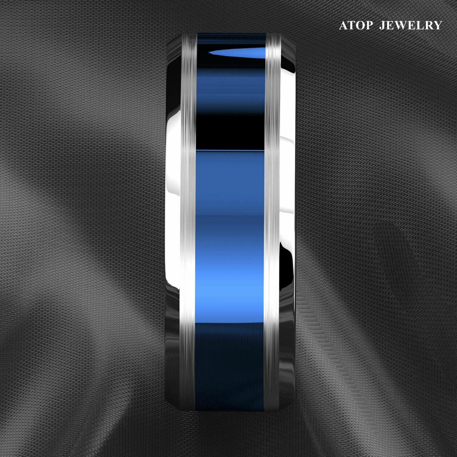 Tungsten Rings for Men Wedding Bands for Him Womens Wedding Bands for Her 8mm Blue Center Silver Brushed Edge - Jewelry Store by Erik Rayo