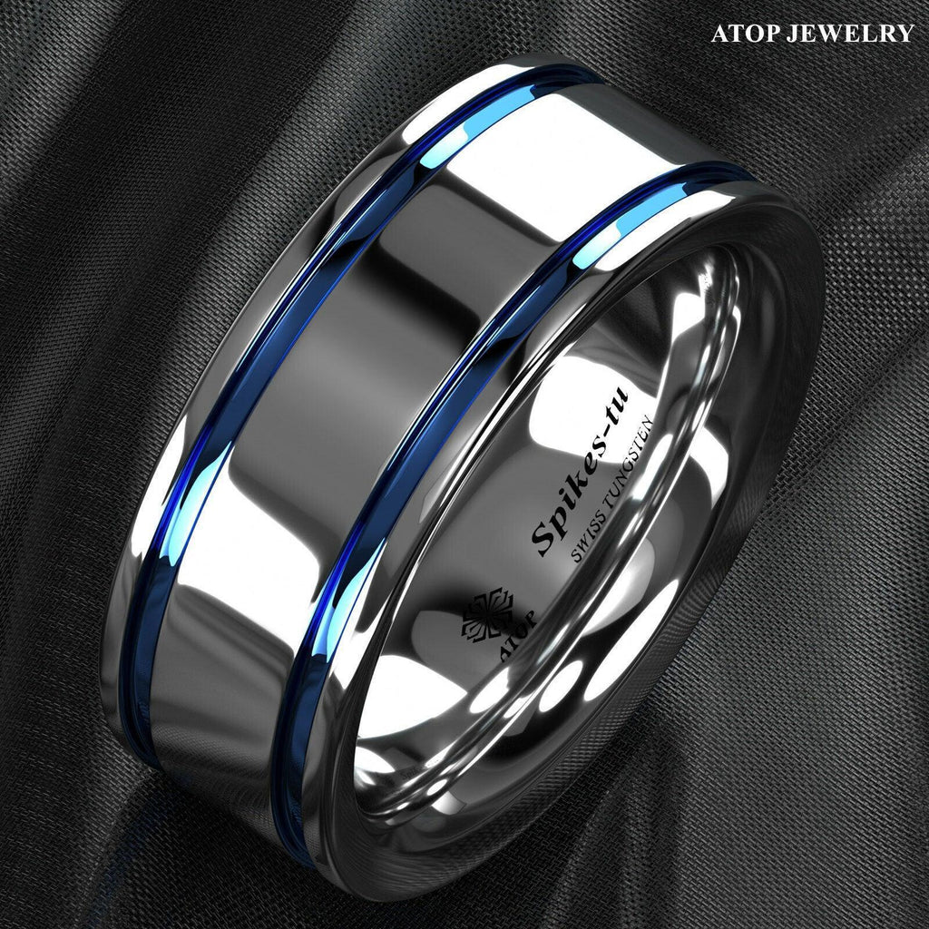 Tungsten Rings for Men Wedding Bands for Him Womens Wedding Bands for Her 8mm Blue Grooved Lines - Jewelry Store by Erik Rayo
