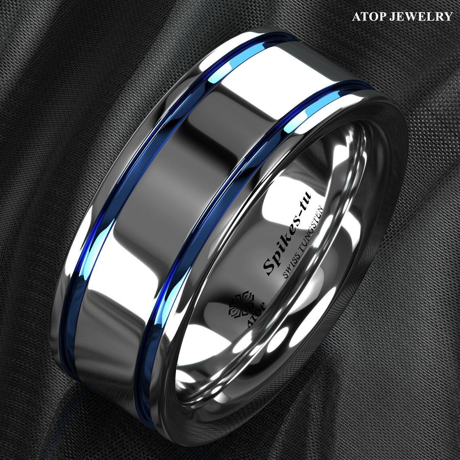Tungsten Rings for Men Wedding Bands for Him Womens Wedding Bands for Her 8mm Blue Grooved Lines - Jewelry Store by Erik Rayo