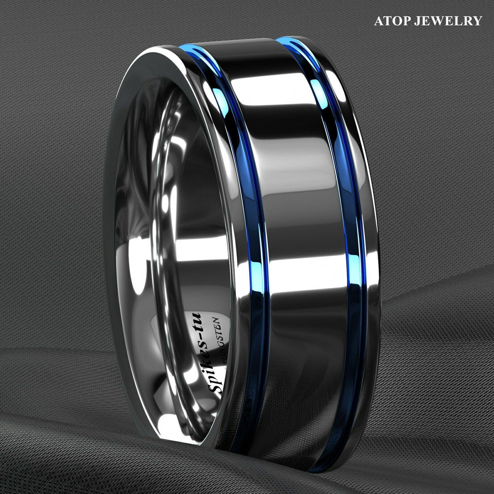 Tungsten Rings for Men Wedding Bands for Him Womens Wedding Bands for Her 8mm Blue Grooved Lines - Jewelry Store by Erik Rayo