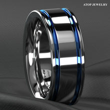 Load image into Gallery viewer, Tungsten Rings for Men Wedding Bands for Him Womens Wedding Bands for Her 8mm Blue Grooved Lines - Jewelry Store by Erik Rayo
