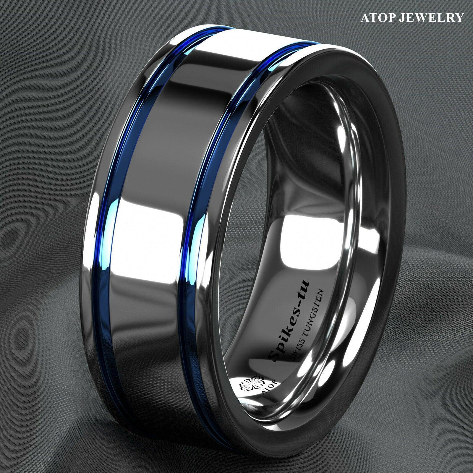 Tungsten Rings for Men Wedding Bands for Him Womens Wedding Bands for Her 8mm Blue Grooved Lines - Jewelry Store by Erik Rayo