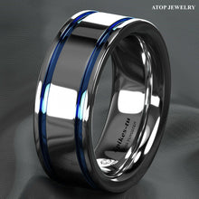 Load image into Gallery viewer, Tungsten Rings for Men Wedding Bands for Him Womens Wedding Bands for Her 8mm Blue Grooved Lines - Jewelry Store by Erik Rayo
