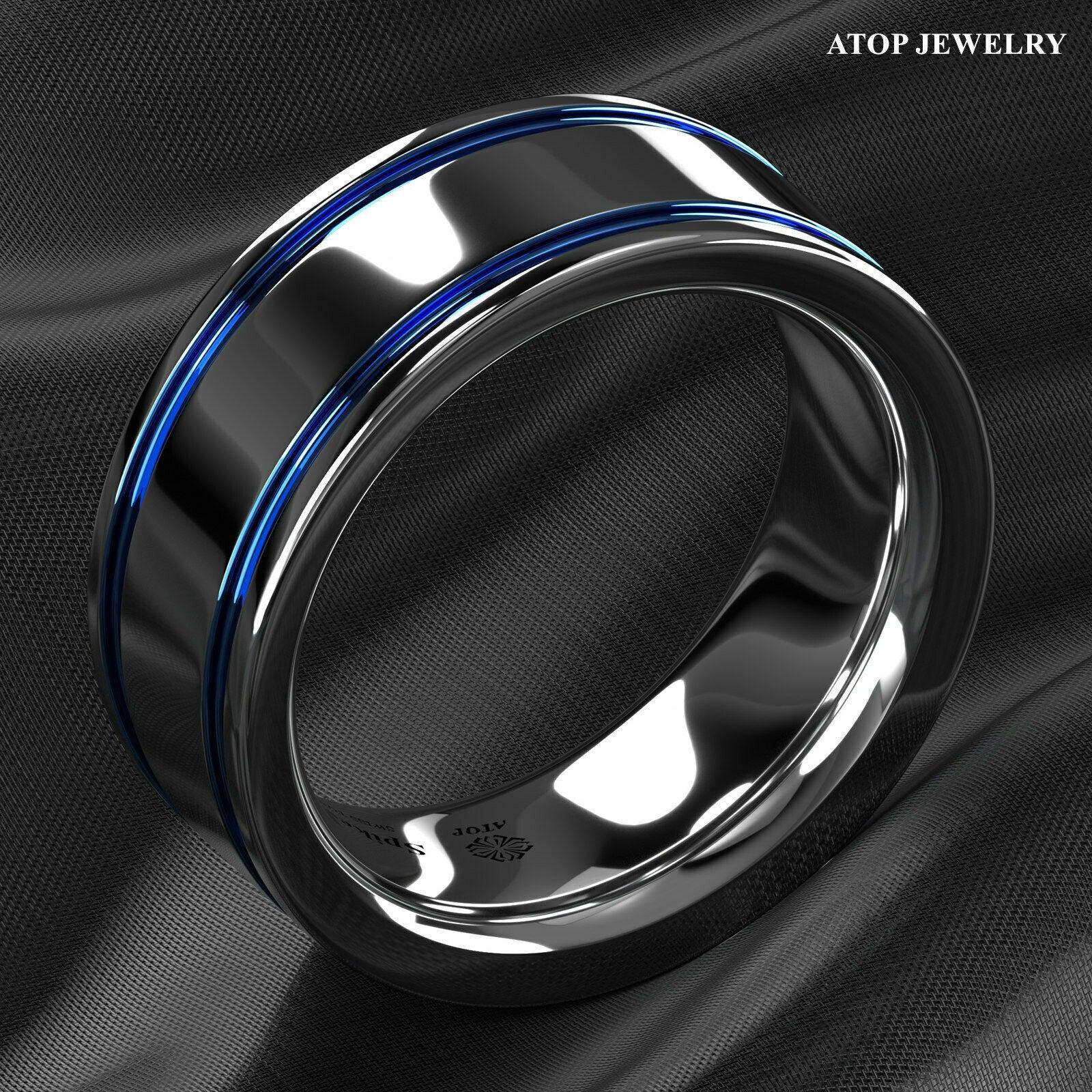 Tungsten Rings for Men Wedding Bands for Him Womens Wedding Bands for Her 8mm Blue Grooved Lines - Jewelry Store by Erik Rayo