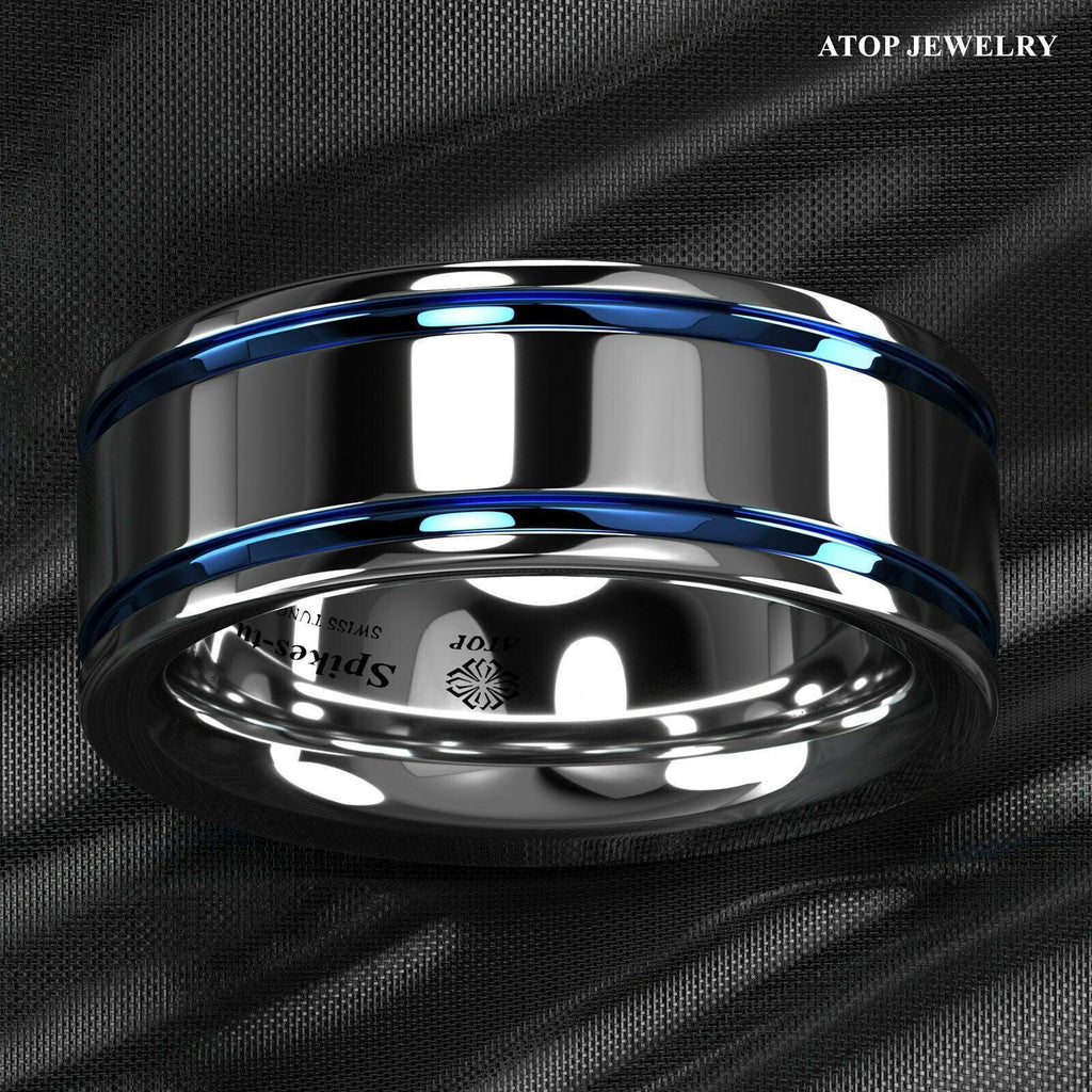 Tungsten Rings for Men Wedding Bands for Him Womens Wedding Bands for Her 8mm Blue Grooved Lines - Jewelry Store by Erik Rayo