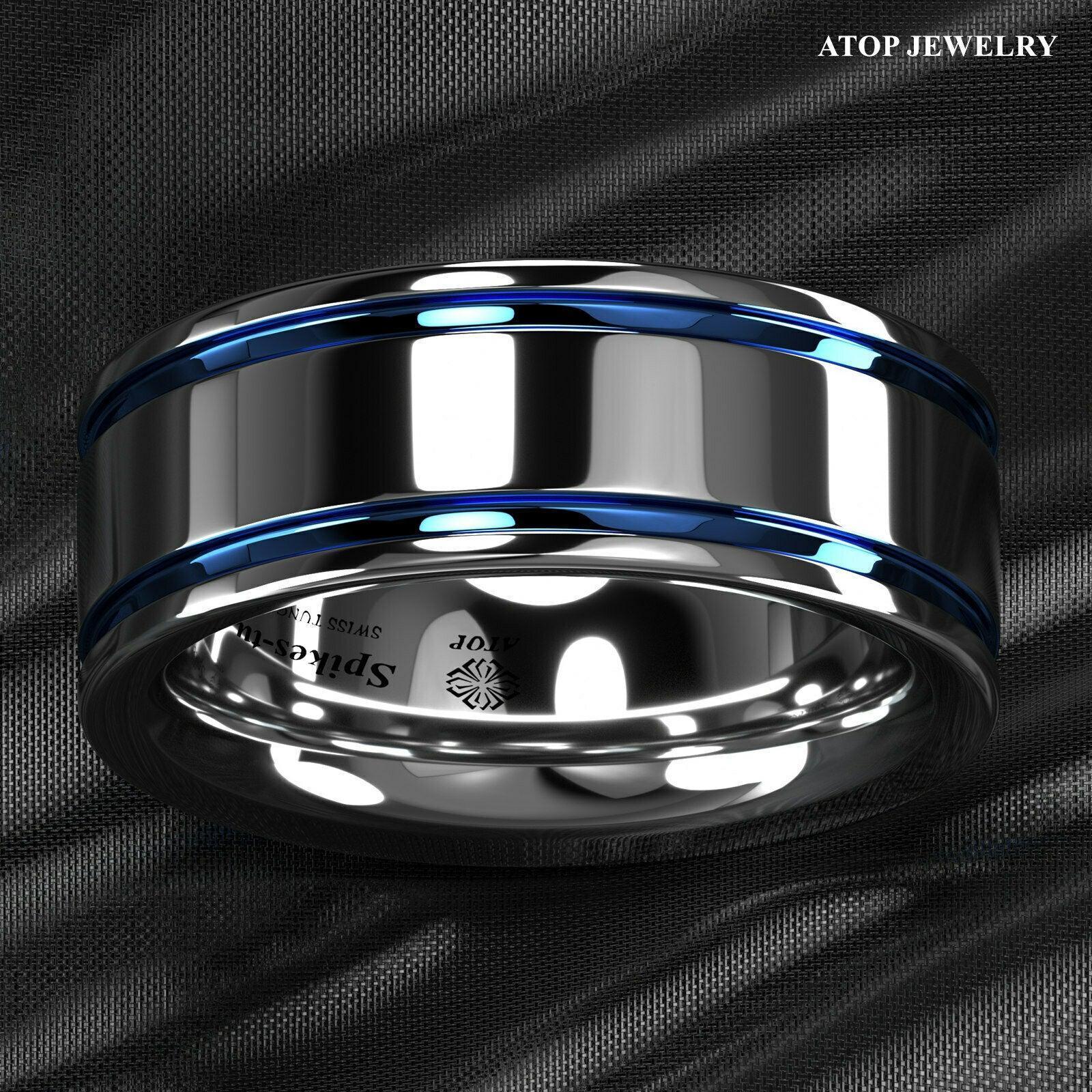 Tungsten Rings for Men Wedding Bands for Him Womens Wedding Bands for Her 8mm Blue Grooved Lines - Jewelry Store by Erik Rayo