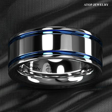 Load image into Gallery viewer, Tungsten Rings for Men Wedding Bands for Him Womens Wedding Bands for Her 8mm Blue Grooved Lines - Jewelry Store by Erik Rayo
