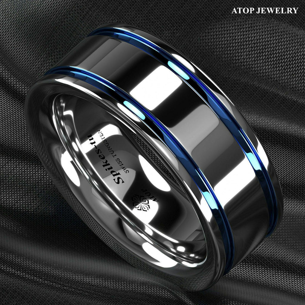 Tungsten Rings for Men Wedding Bands for Him Womens Wedding Bands for Her 8mm Blue Grooved Lines - Jewelry Store by Erik Rayo