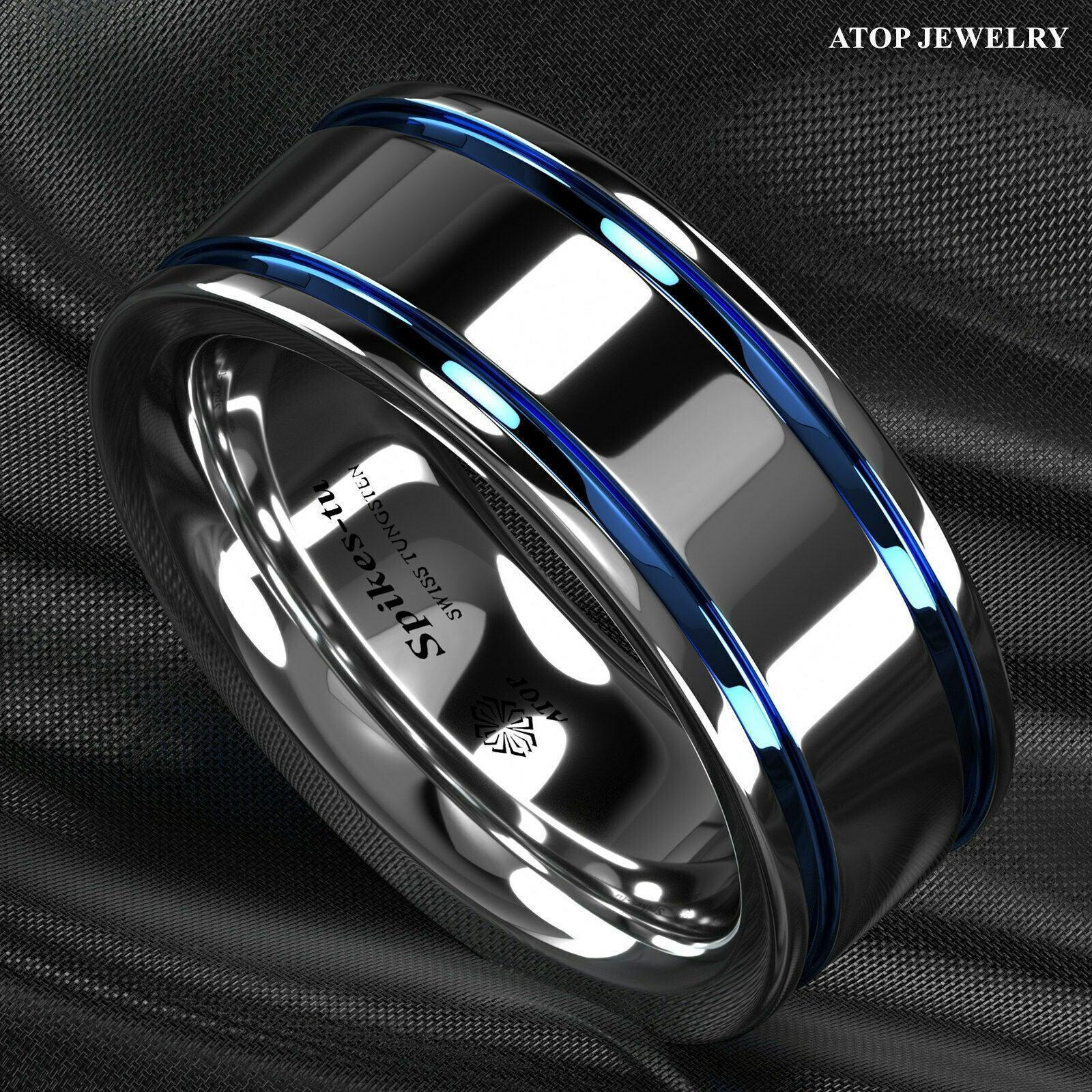 Tungsten Rings for Men Wedding Bands for Him Womens Wedding Bands for Her 8mm Blue Grooved Lines - Jewelry Store by Erik Rayo