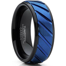 Load image into Gallery viewer, Tungsten Rings for Men Wedding Bands for Him Womens Wedding Bands for Her 8mm Blue IP Plated Diagonally Grooved - Jewelry Store by Erik Rayo
