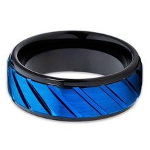 Load image into Gallery viewer, Tungsten Rings for Men Wedding Bands for Him Womens Wedding Bands for Her 8mm Blue IP Plated Diagonally Grooved - Jewelry Store by Erik Rayo
