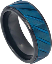 Load image into Gallery viewer, Tungsten Rings for Men Wedding Bands for Him Womens Wedding Bands for Her 8mm Blue IP Plated Diagonally Grooved - Jewelry Store by Erik Rayo
