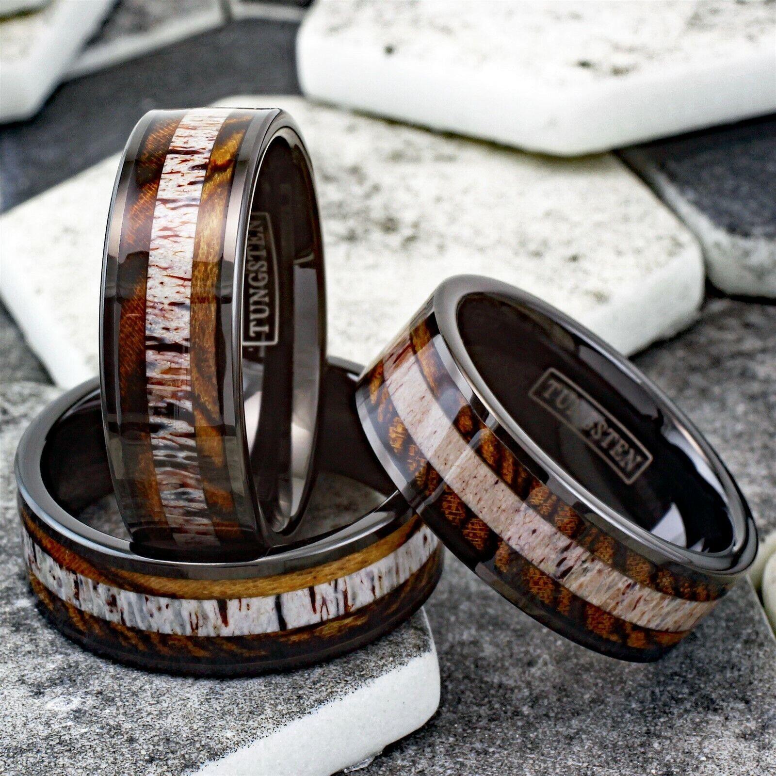 Tungsten Rings for Men Wedding Bands for Him Womens Wedding Bands for Her 8mm Bocote Wood and Deer Antler Wedding Band - Jewelry Store by Erik Rayo