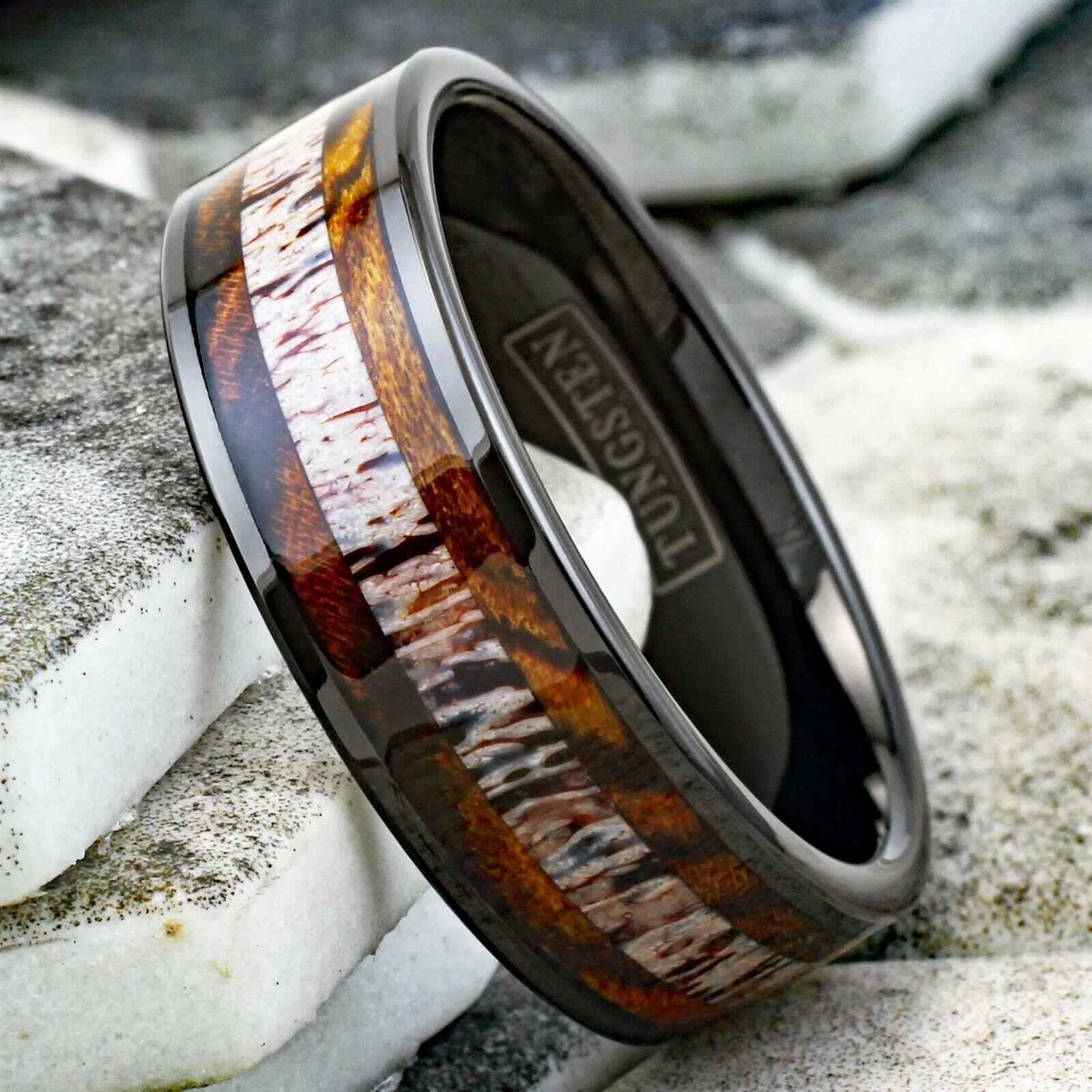 Tungsten Rings for Men Wedding Bands for Him Womens Wedding Bands for Her 8mm Bocote Wood and Deer Antler Wedding Band - Jewelry Store by Erik Rayo