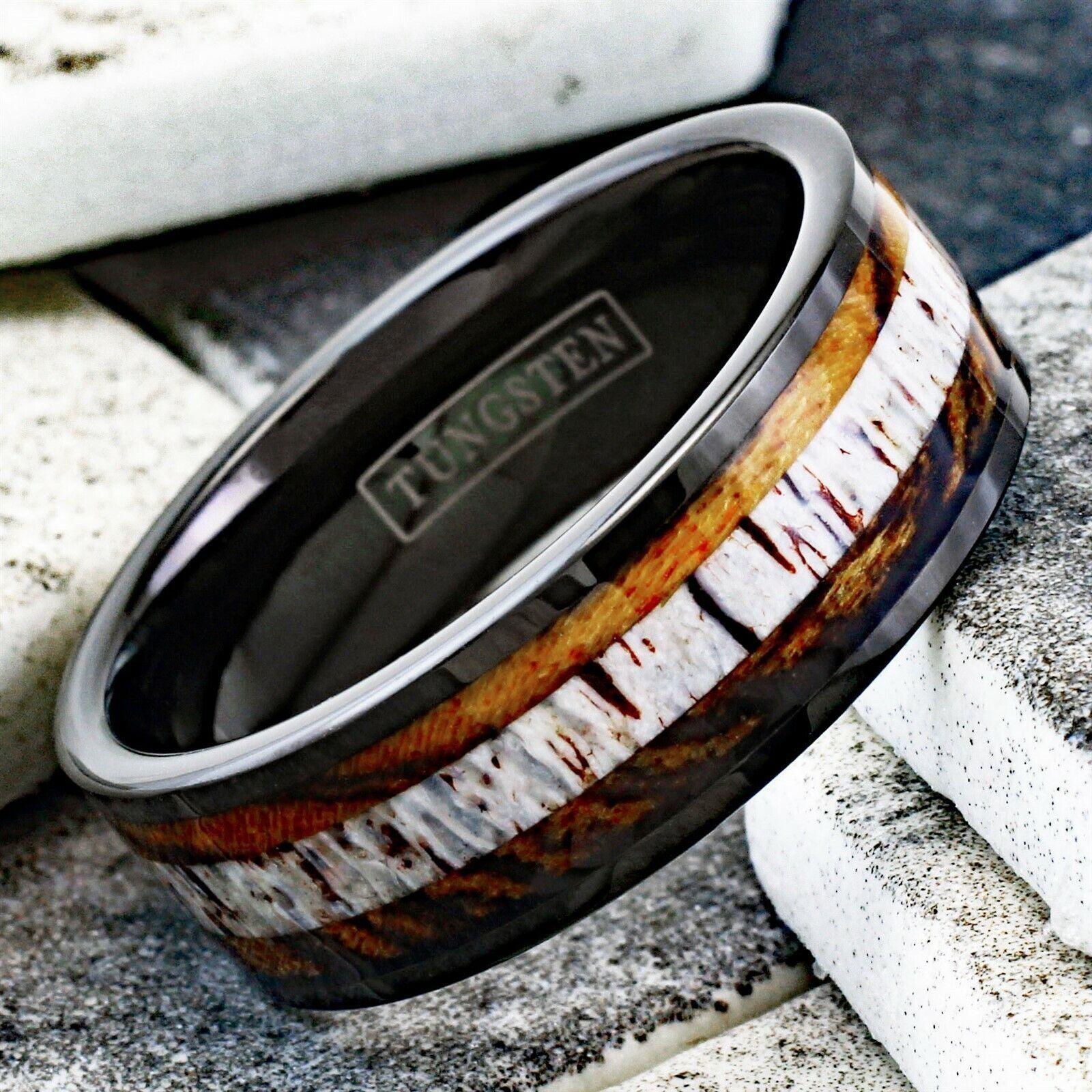 Tungsten Rings for Men Wedding Bands for Him Womens Wedding Bands for Her 8mm Bocote Wood and Deer Antler Wedding Band - Jewelry Store by Erik Rayo