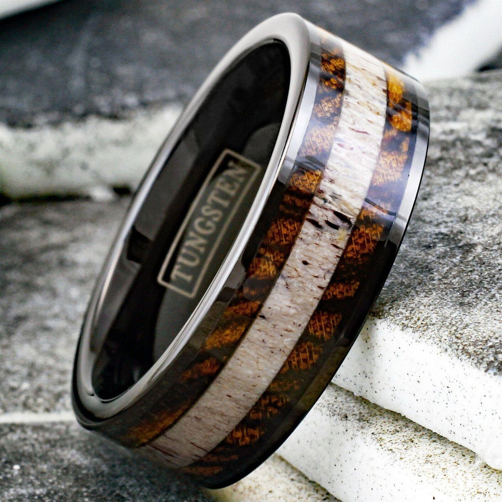 Tungsten Rings for Men Wedding Bands for Him Womens Wedding Bands for Her 8mm Bocote Wood and Deer Antler Wedding Band - Jewelry Store by Erik Rayo