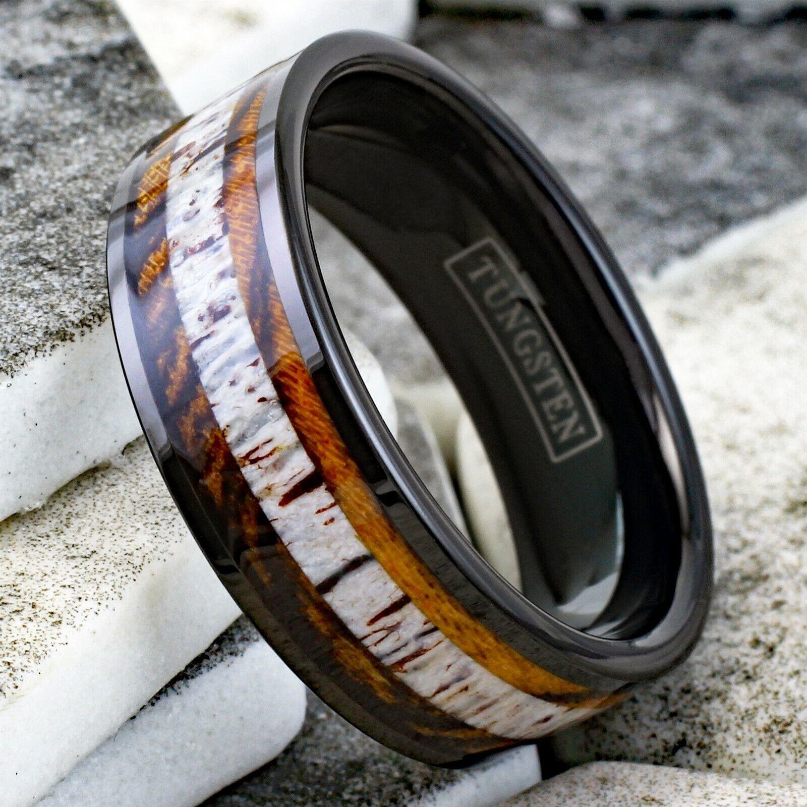 Tungsten Rings for Men Wedding Bands for Him Womens Wedding Bands for Her 8mm Bocote Wood and Deer Antler Wedding Band - Jewelry Store by Erik Rayo
