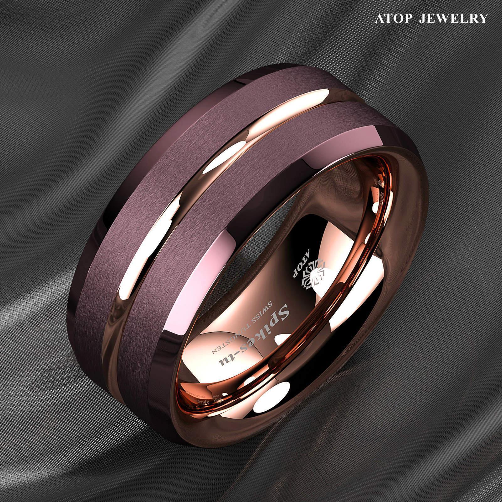 Tungsten Rings for Men Wedding Bands for Him Womens Wedding Bands for Her 8mm Brushed Brown Rose Gold Groove Stripe - Jewelry Store by Erik Rayo