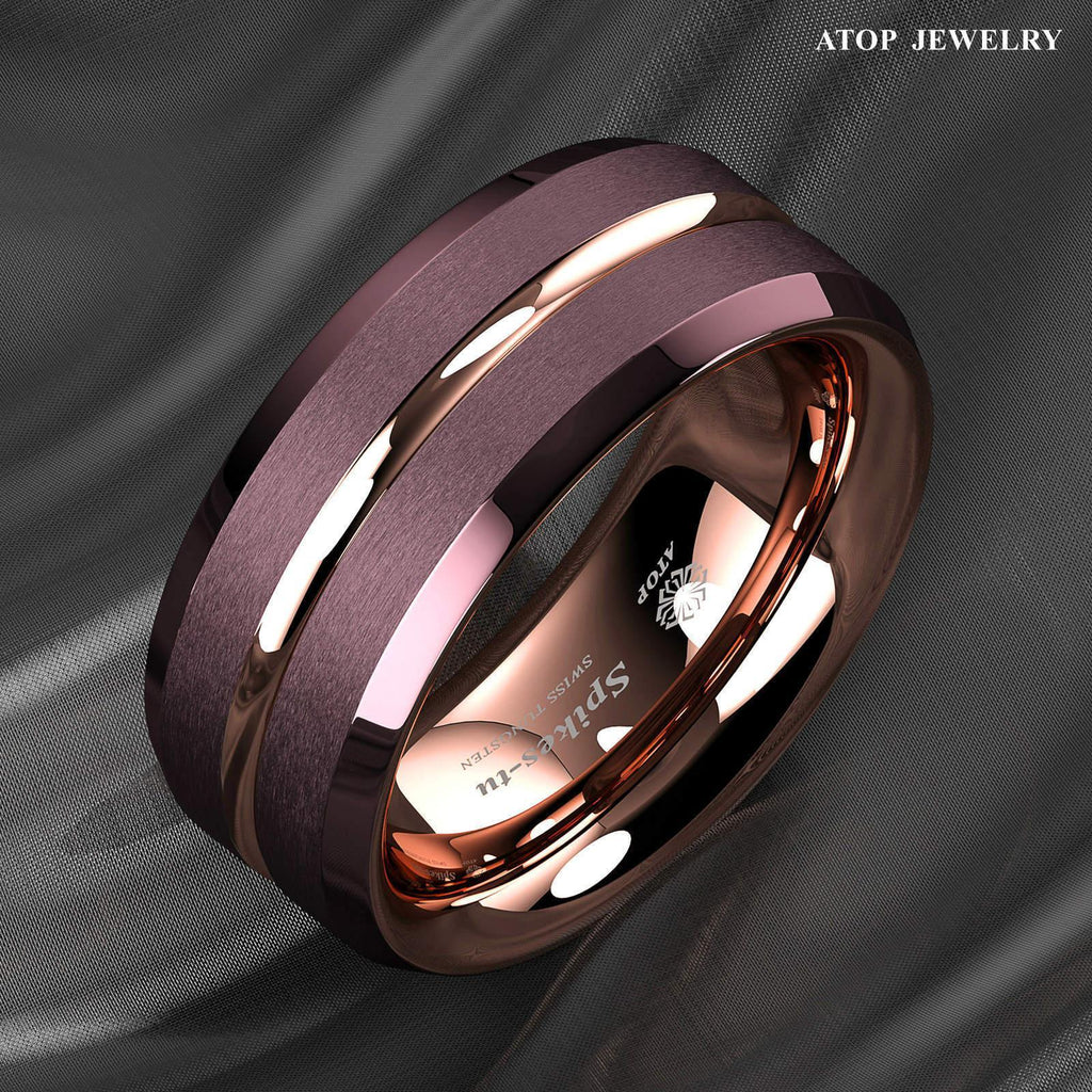 Men's Wedding Band - Brushed Brown Rose Gold Groove Stripe Ring for Men and Women - Jewelry Store by Erik Rayo