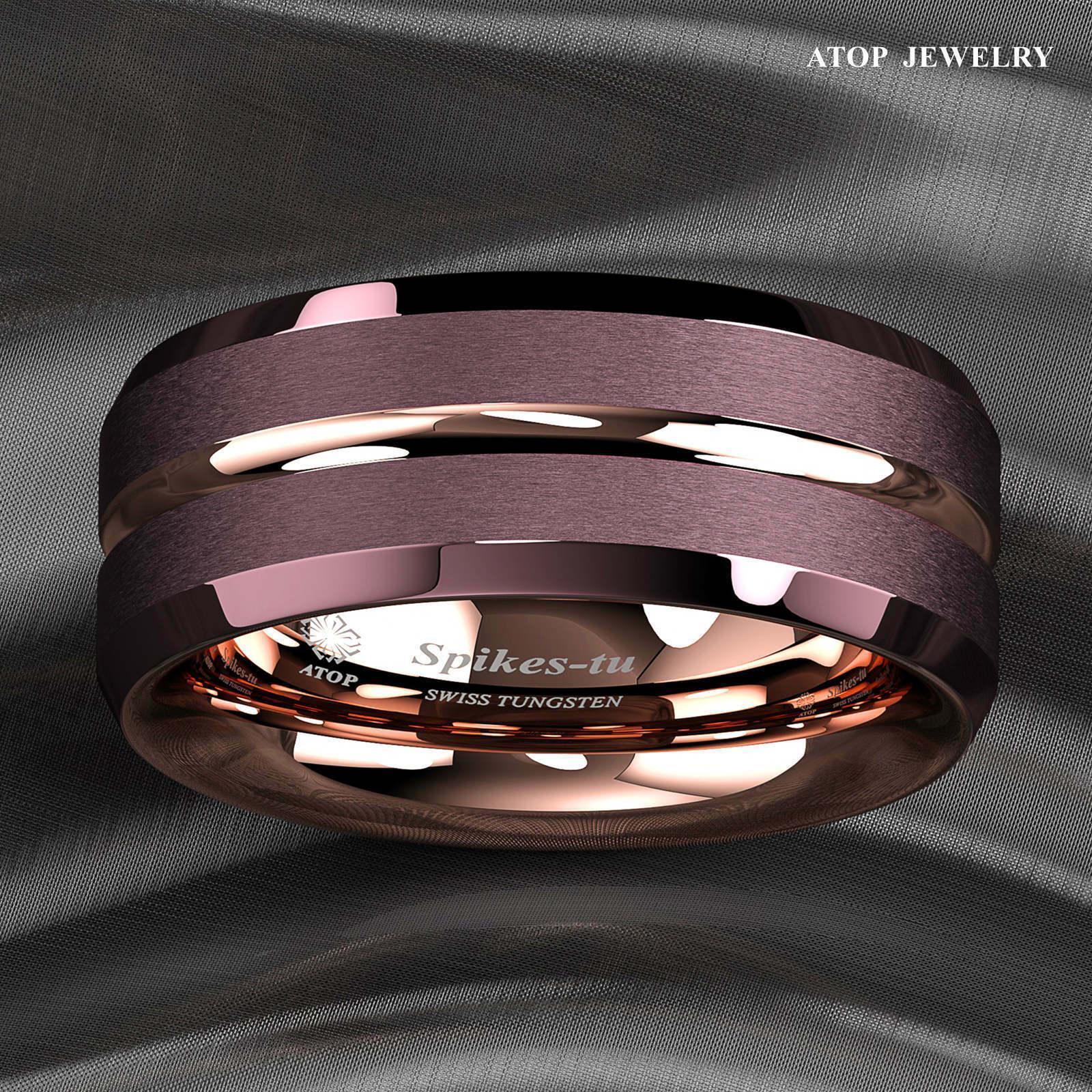 Tungsten Rings for Men Wedding Bands for Him Womens Wedding Bands for Her 8mm Brushed Brown Rose Gold Groove Stripe - Jewelry Store by Erik Rayo