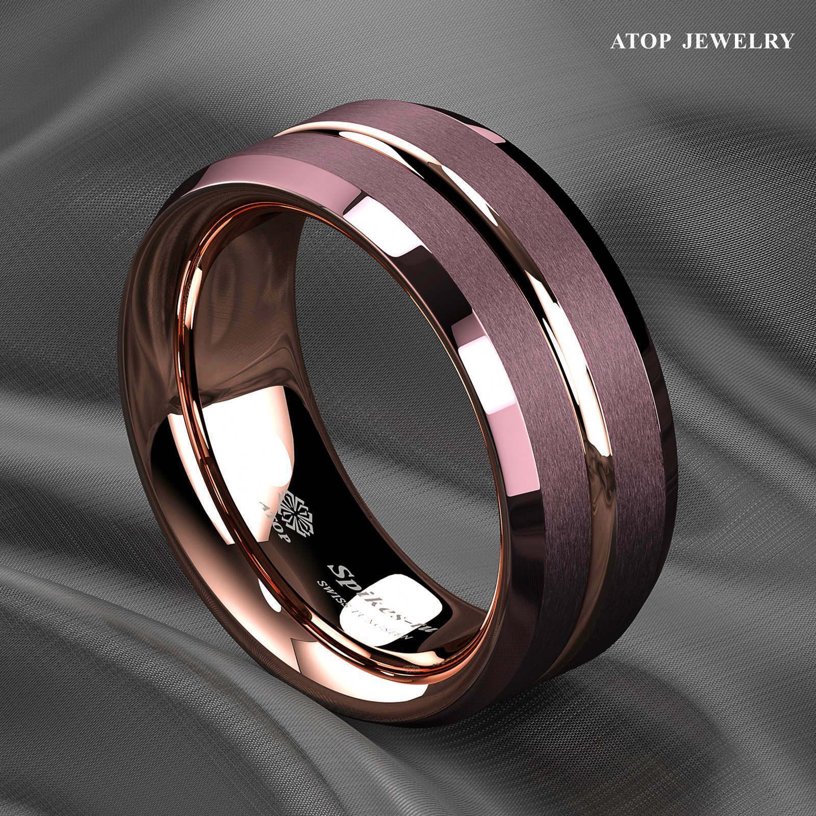 Tungsten Rings for Men Wedding Bands for Him Womens Wedding Bands for Her 8mm Brushed Brown Rose Gold Groove Stripe - Jewelry Store by Erik Rayo