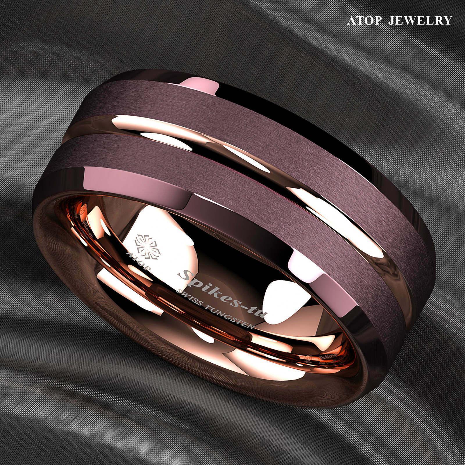 Tungsten Rings for Men Wedding Bands for Him Womens Wedding Bands for Her 8mm Brushed Brown Rose Gold Groove Stripe - Jewelry Store by Erik Rayo