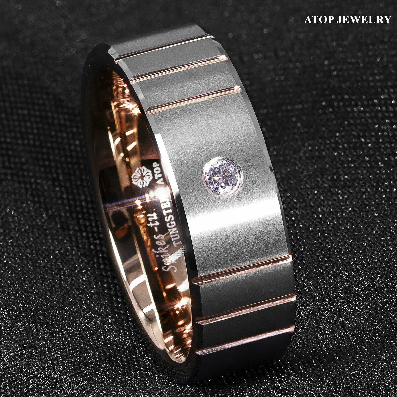 Tungsten Rings for Men Wedding Bands for Him Womens Wedding Bands for Her 8mm Brushed Silver Rose Gold Diamond - Jewelry Store by Erik Rayo
