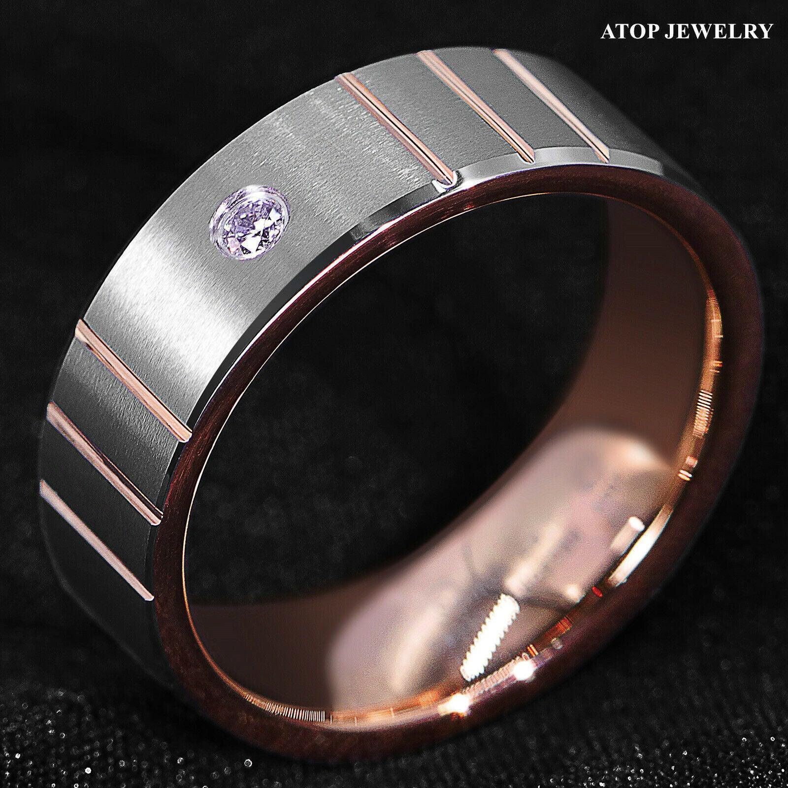Tungsten Rings for Men Wedding Bands for Him Womens Wedding Bands for Her 8mm Brushed Silver Rose Gold Diamond - Jewelry Store by Erik Rayo