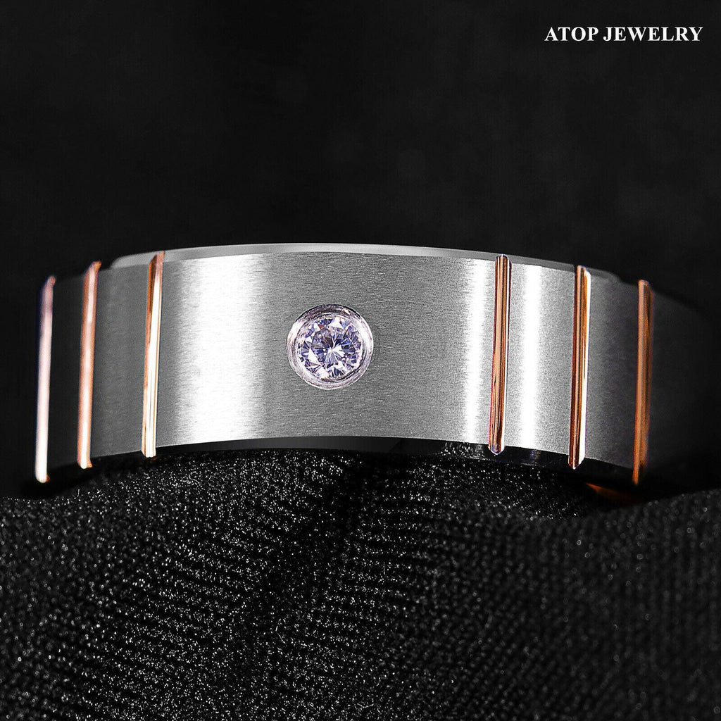 Tungsten Rings for Men Wedding Bands for Him Womens Wedding Bands for Her 8mm Brushed Silver Rose Gold Diamond - Jewelry Store by Erik Rayo