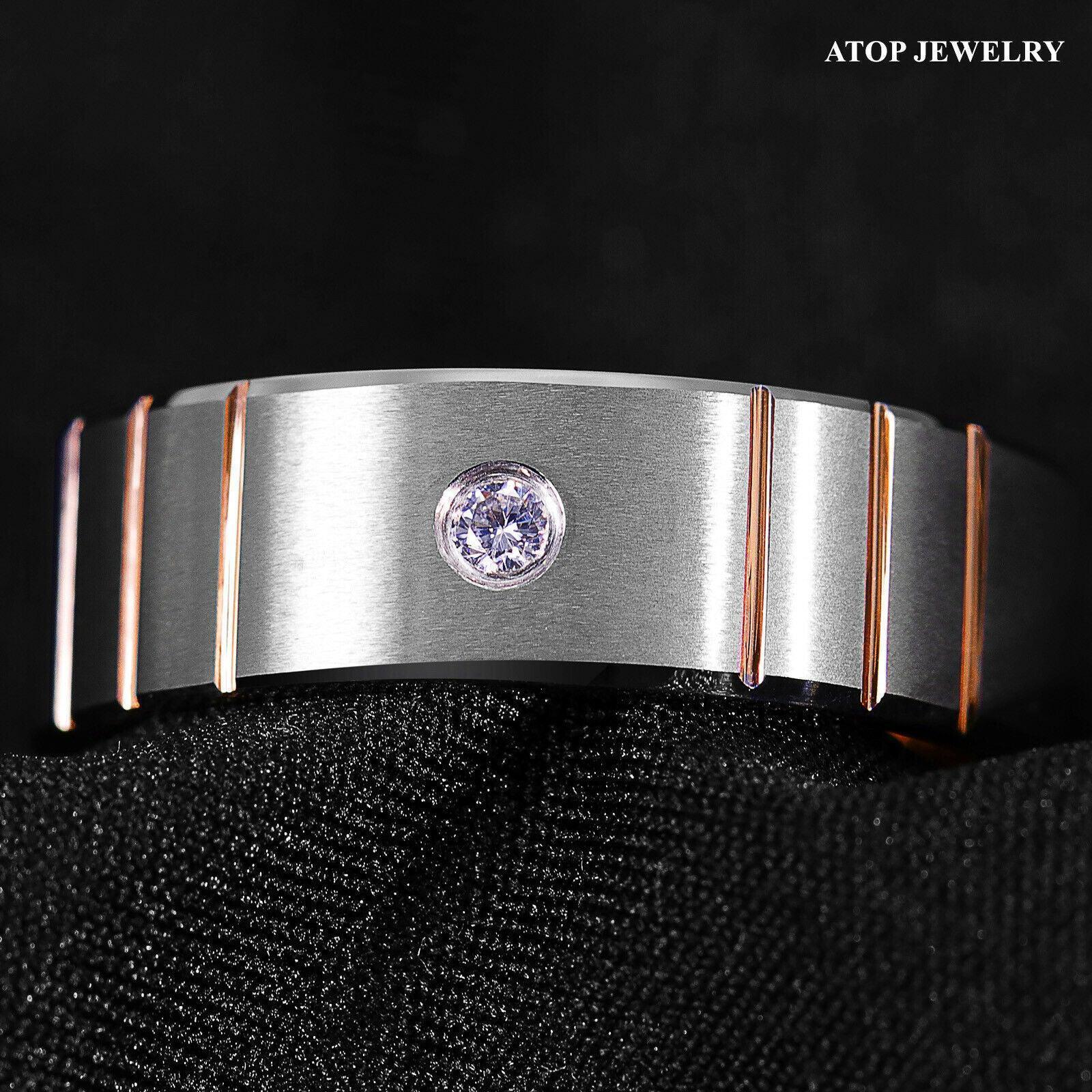 Tungsten Rings for Men Wedding Bands for Him Womens Wedding Bands for Her 8mm Brushed Silver Rose Gold Diamond - Jewelry Store by Erik Rayo