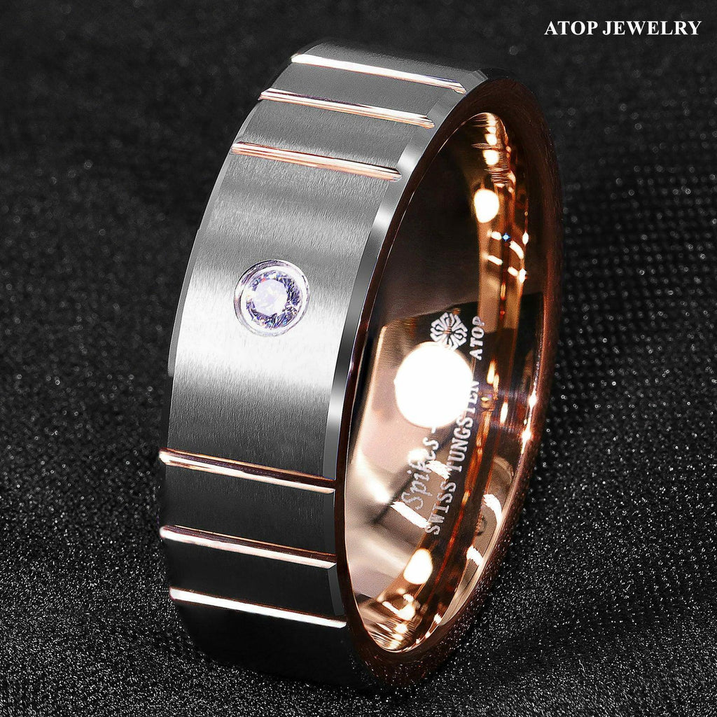 Tungsten Rings for Men Wedding Bands for Him Womens Wedding Bands for Her 8mm Brushed Silver Rose Gold Diamond - Jewelry Store by Erik Rayo
