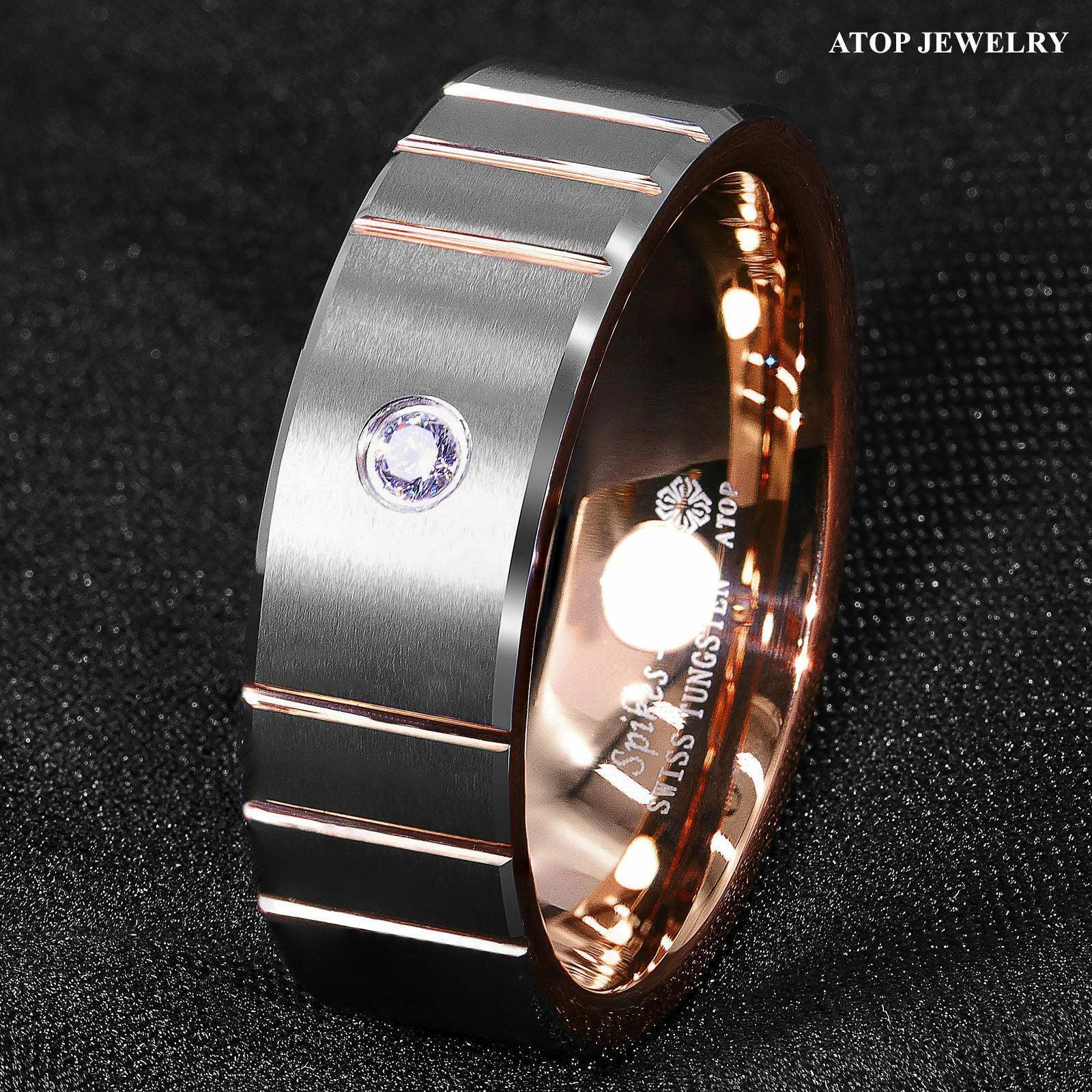 Tungsten Rings for Men Wedding Bands for Him Womens Wedding Bands for Her 8mm Brushed Silver Rose Gold Diamond - Jewelry Store by Erik Rayo