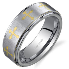 Load image into Gallery viewer, Tungsten Rings for Men Wedding Bands for Him Womens Wedding Bands for Her 8mm Brushed with Gold Cross - Jewelry Store by Erik Rayo
