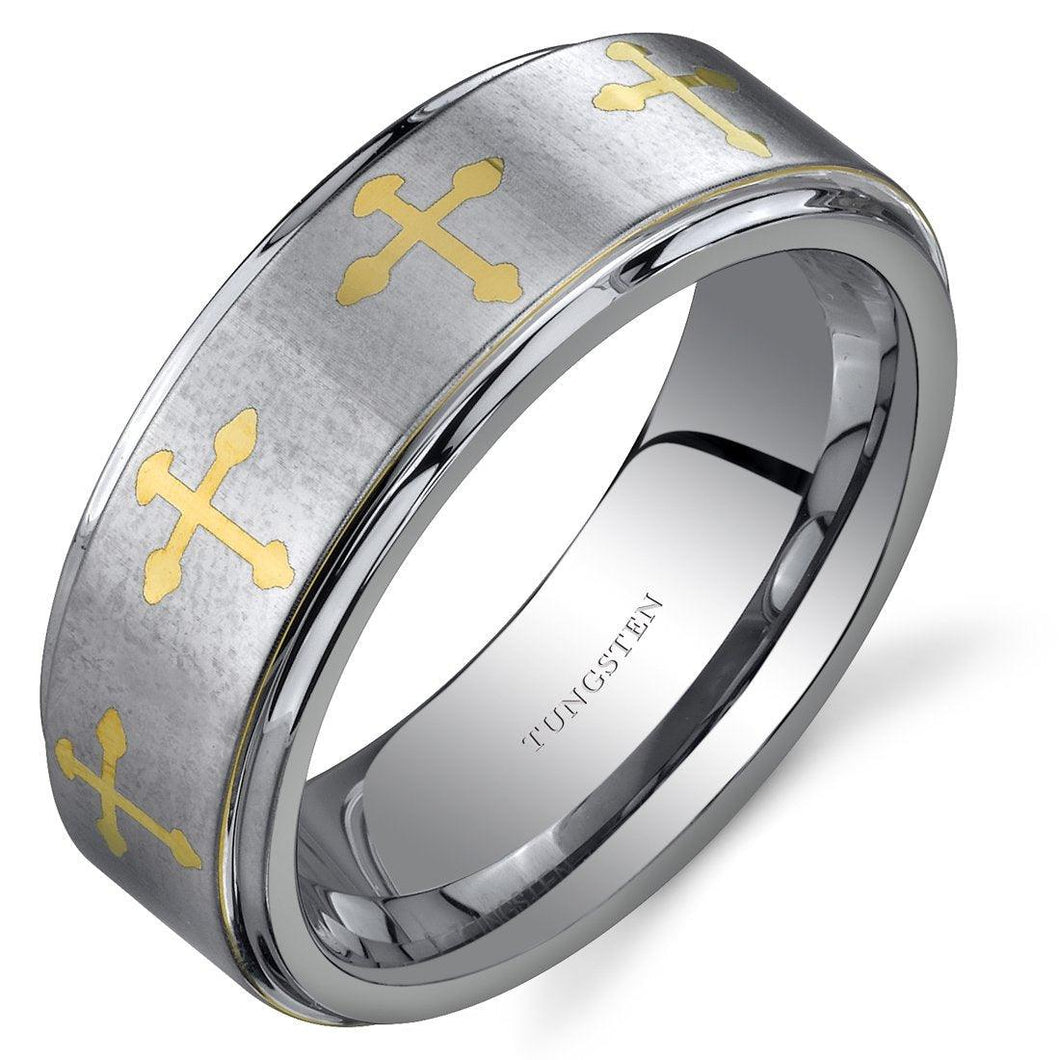 Men's Wedding Band Rings - Brushed Gold Cross Design - Wedding Rings for Men and Women