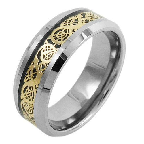 Tungsten Rings for Men Wedding Bands for Him Womens Wedding Bands for Her 8mm Celtic Gold Dragon Size 8-15 - Jewelry Store by Erik Rayo