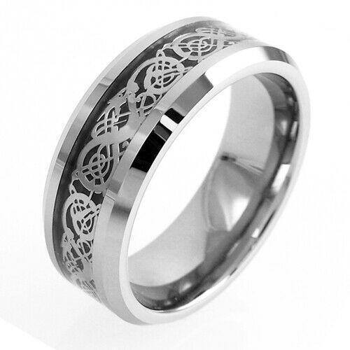 Tungsten Rings for Men Wedding Bands for Him Womens Wedding Bands for Her 8mm Celtic Silver Dragon Size 8-15 - Jewelry Store by Erik Rayo