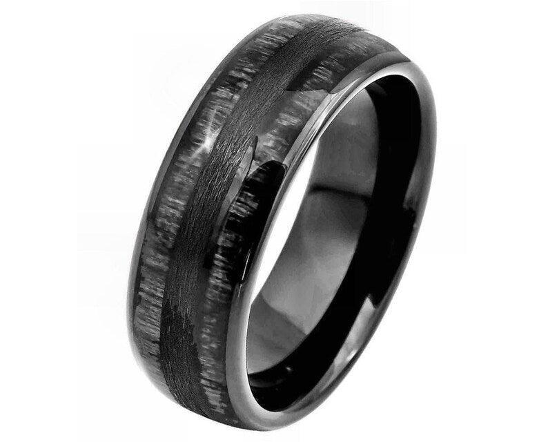 Tungsten Rings for Men Wedding Bands for Him Womens Wedding Bands for Her 8mm Charcoal Wood Inlay - Jewelry Store by Erik Rayo