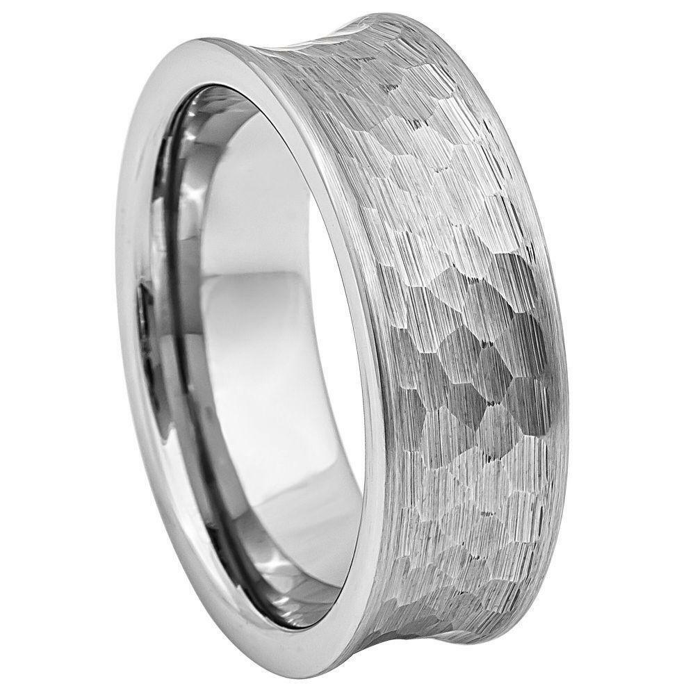 Tungsten Rings for Men Wedding Bands for Him Womens Wedding Bands for Her 8mm Concave Hammered Brush - Jewelry Store by Erik Rayo