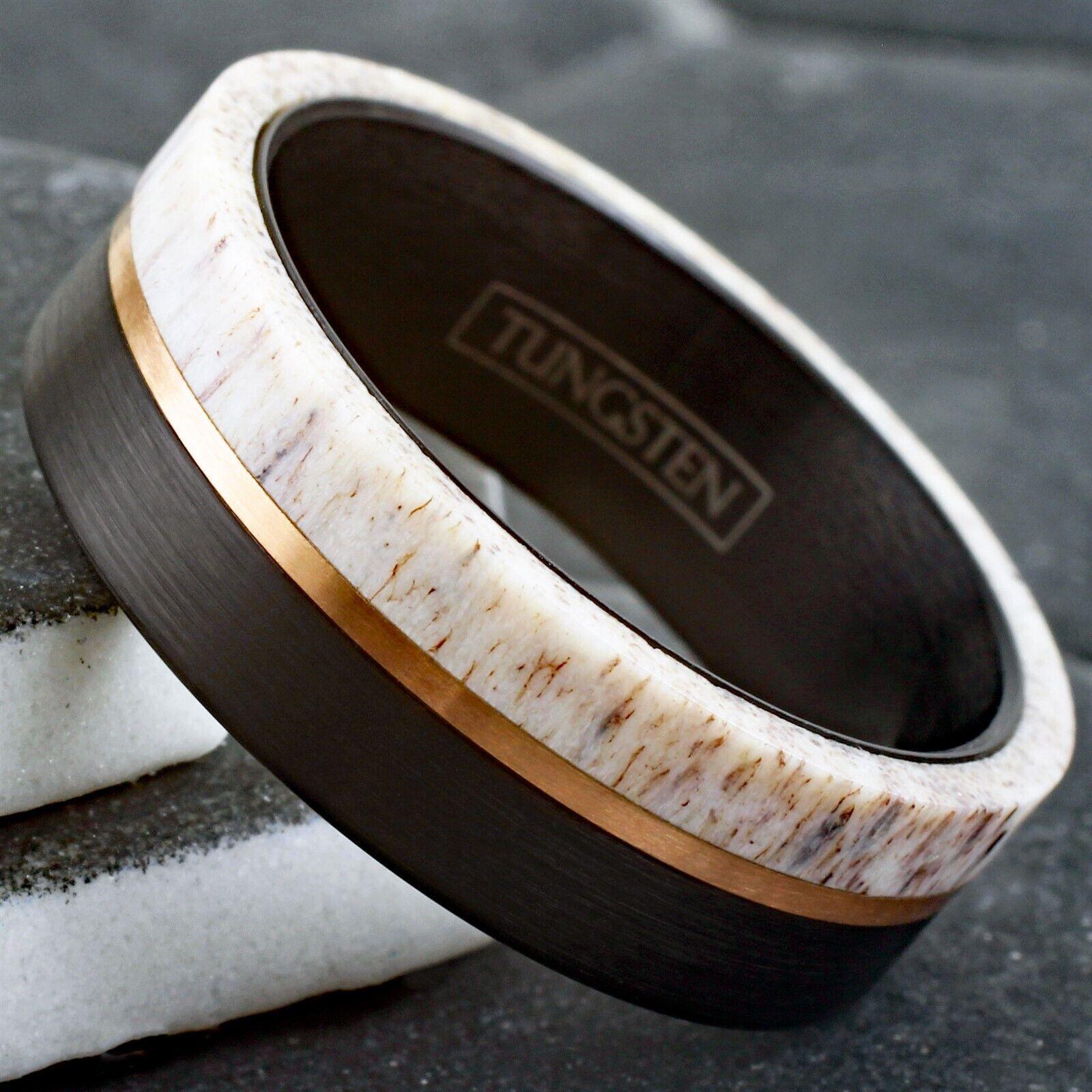 Men's Wedding Band Ring - Deer Antler and Rose Gold Line - Wedding Rings for Men and Women - Jewelry Store by Erik Rayo