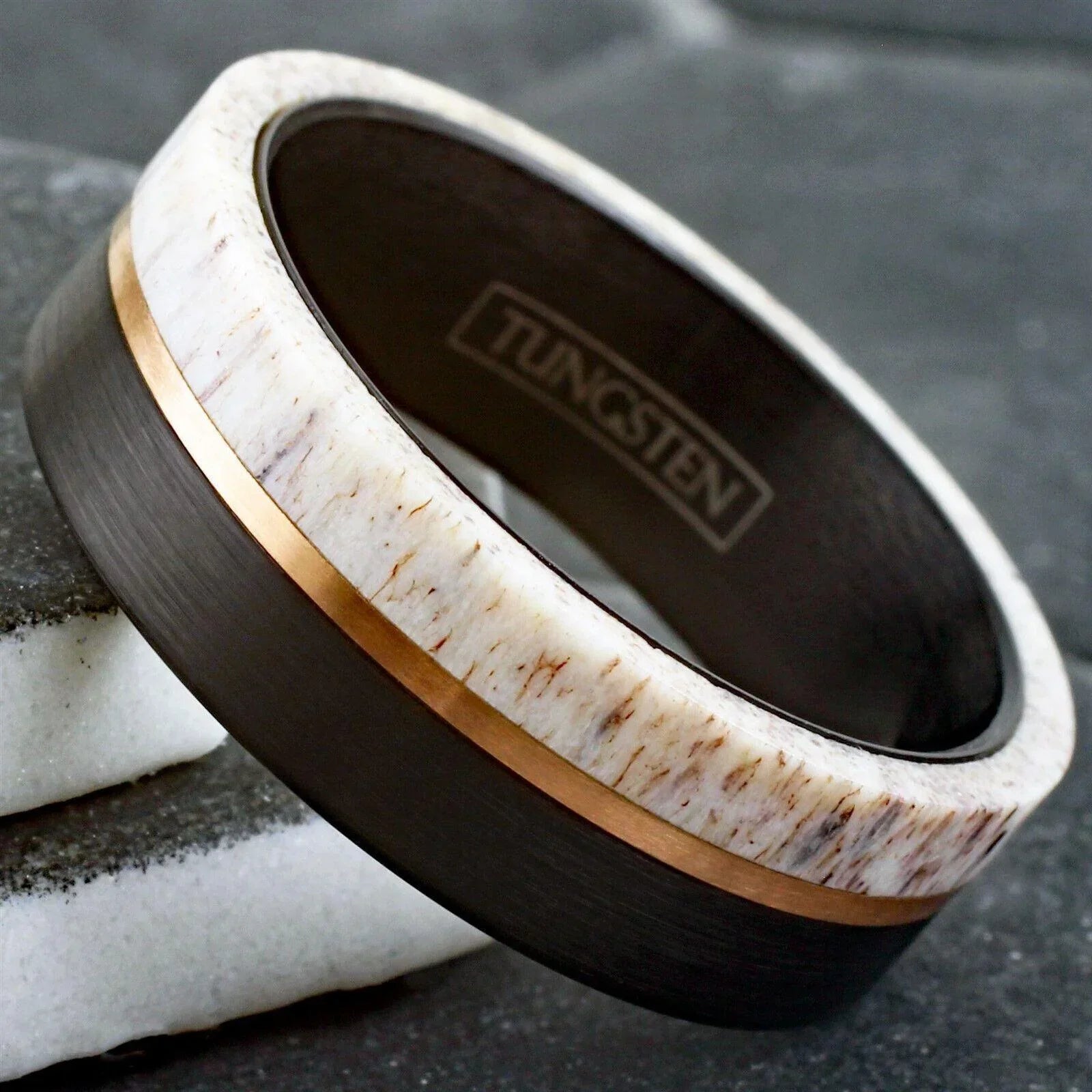 6mm Tungsten Carbide Wedding Band Rings for Men & Women – Deer Antler & Rose Gold Line Design - Jewelry Store by Erik Rayo