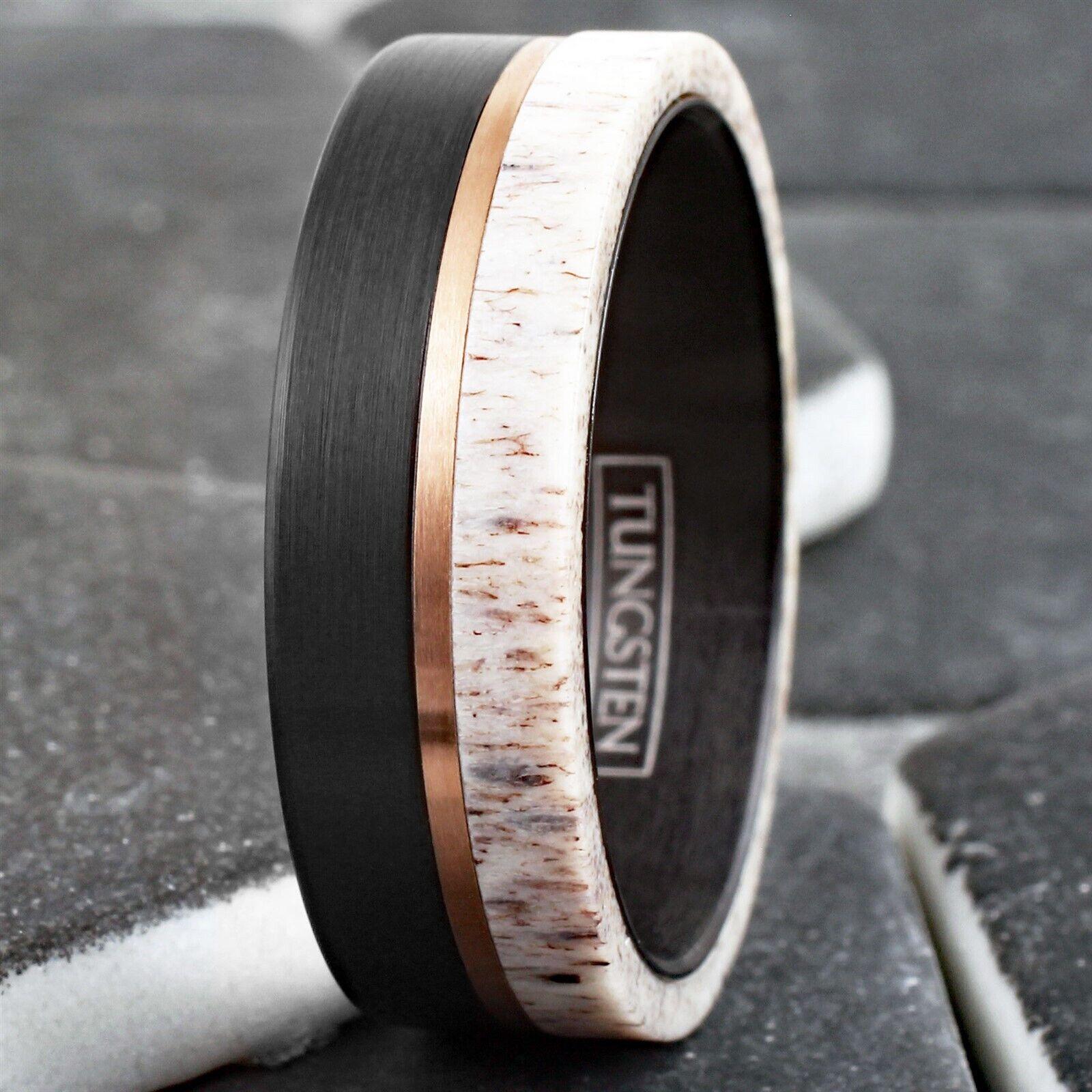 Men's Wedding Band Ring - Deer Antler and Rose Gold Line - Wedding Rings for Men and Women - Jewelry Store by Erik Rayo