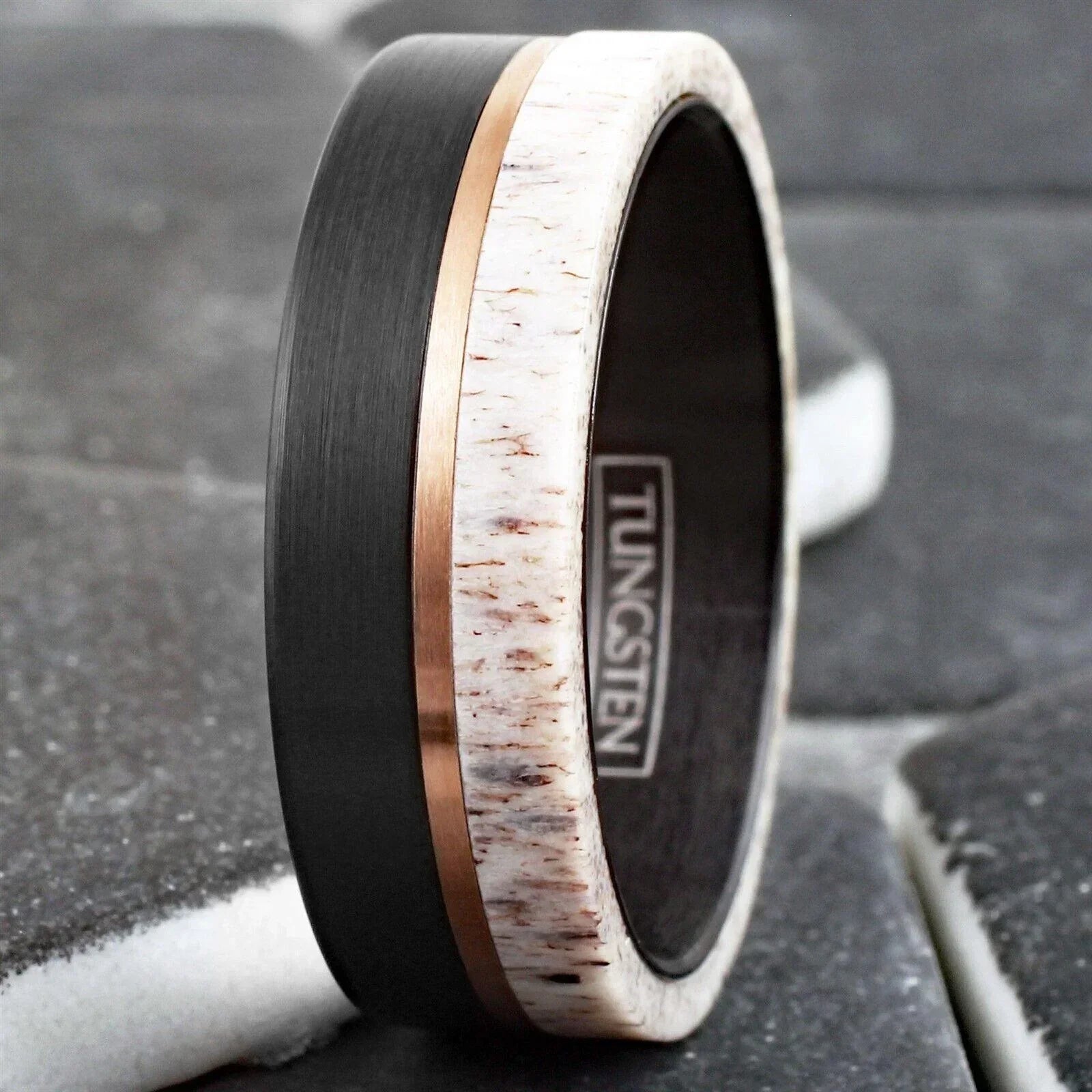 6mm Tungsten Carbide Wedding Band Rings for Men & Women – Deer Antler & Rose Gold Line Design - Jewelry Store by Erik Rayo
