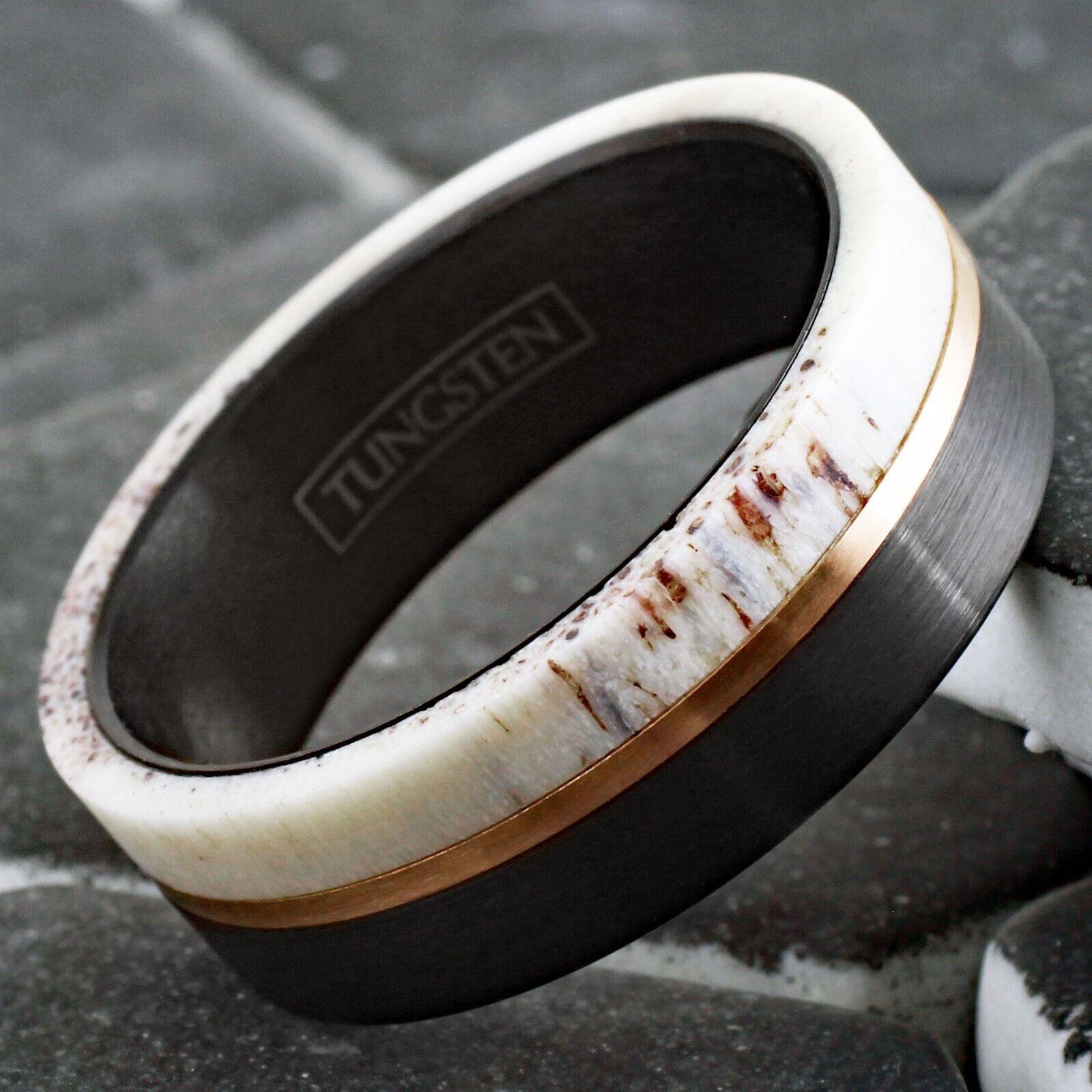 Men's Wedding Band Ring - Deer Antler and Rose Gold Line - Wedding Rings for Men and Women - Jewelry Store by Erik Rayo