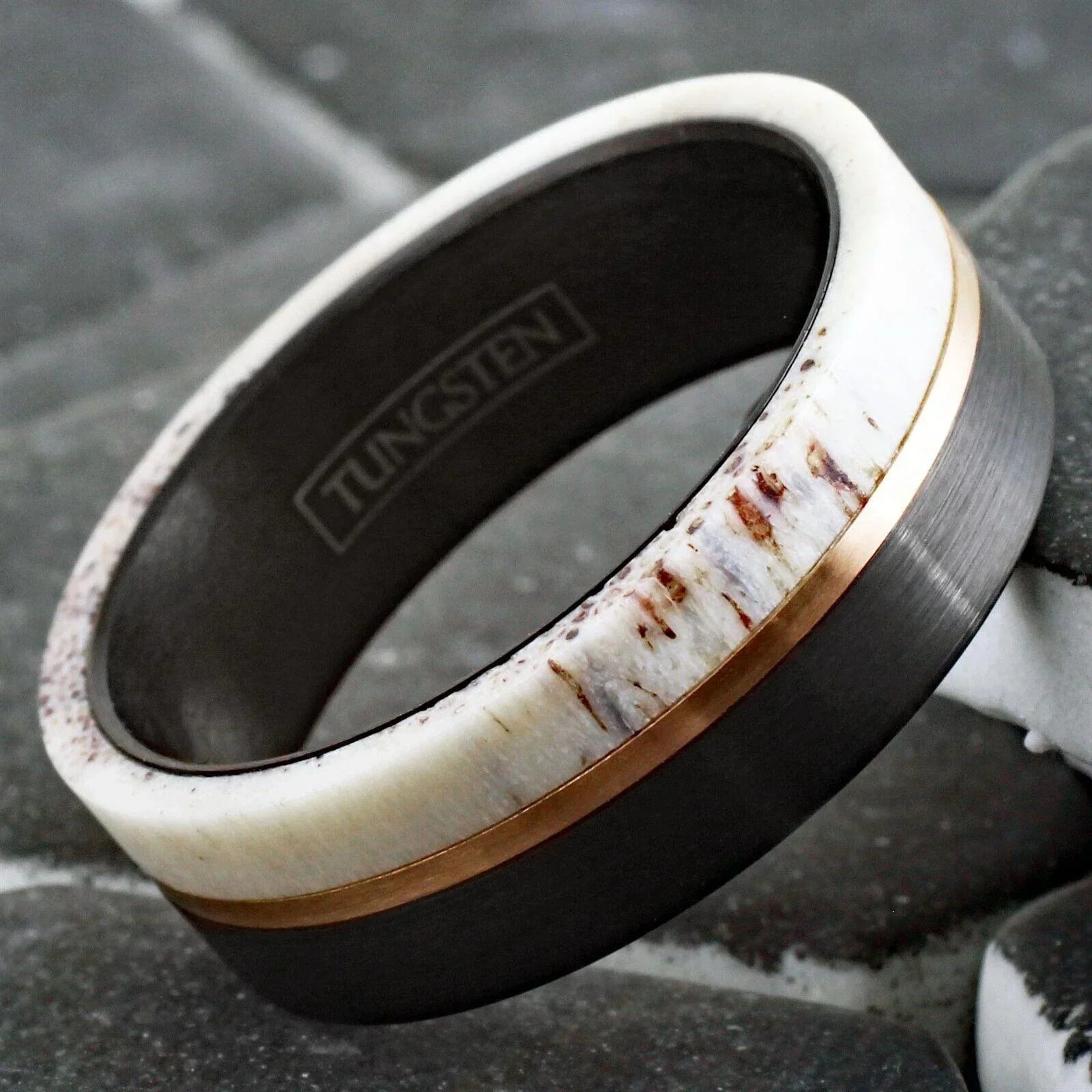 6mm Tungsten Carbide Wedding Band Rings for Men & Women – Deer Antler & Rose Gold Line Design - Jewelry Store by Erik Rayo