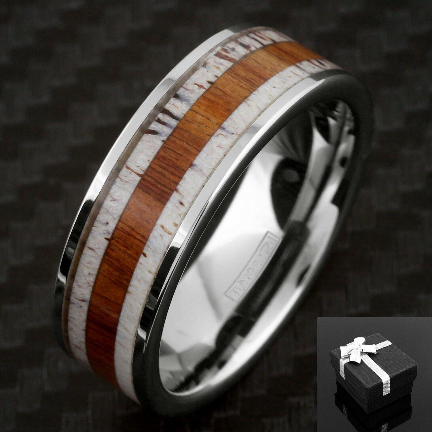 Tungsten Rings for Men Wedding Bands for Him Womens Wedding Bands for Her 8mm Deer Antler With Sandalwood Stripe Wedding Band - Jewelry Store by Erik Rayo