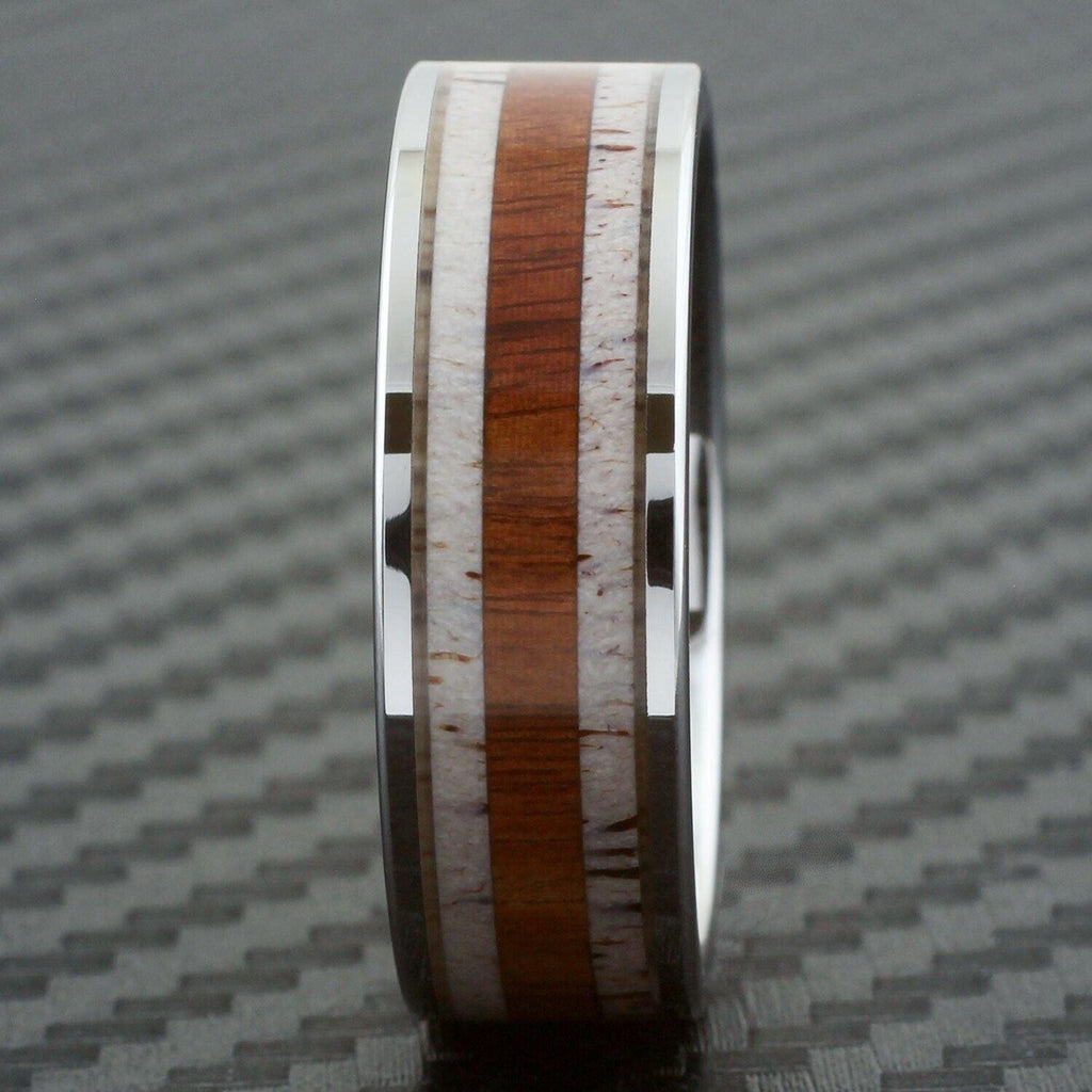 Tungsten Rings for Men Wedding Bands for Him Womens Wedding Bands for Her 8mm Deer Antler With Sandalwood Stripe Wedding Band - Jewelry Store by Erik Rayo