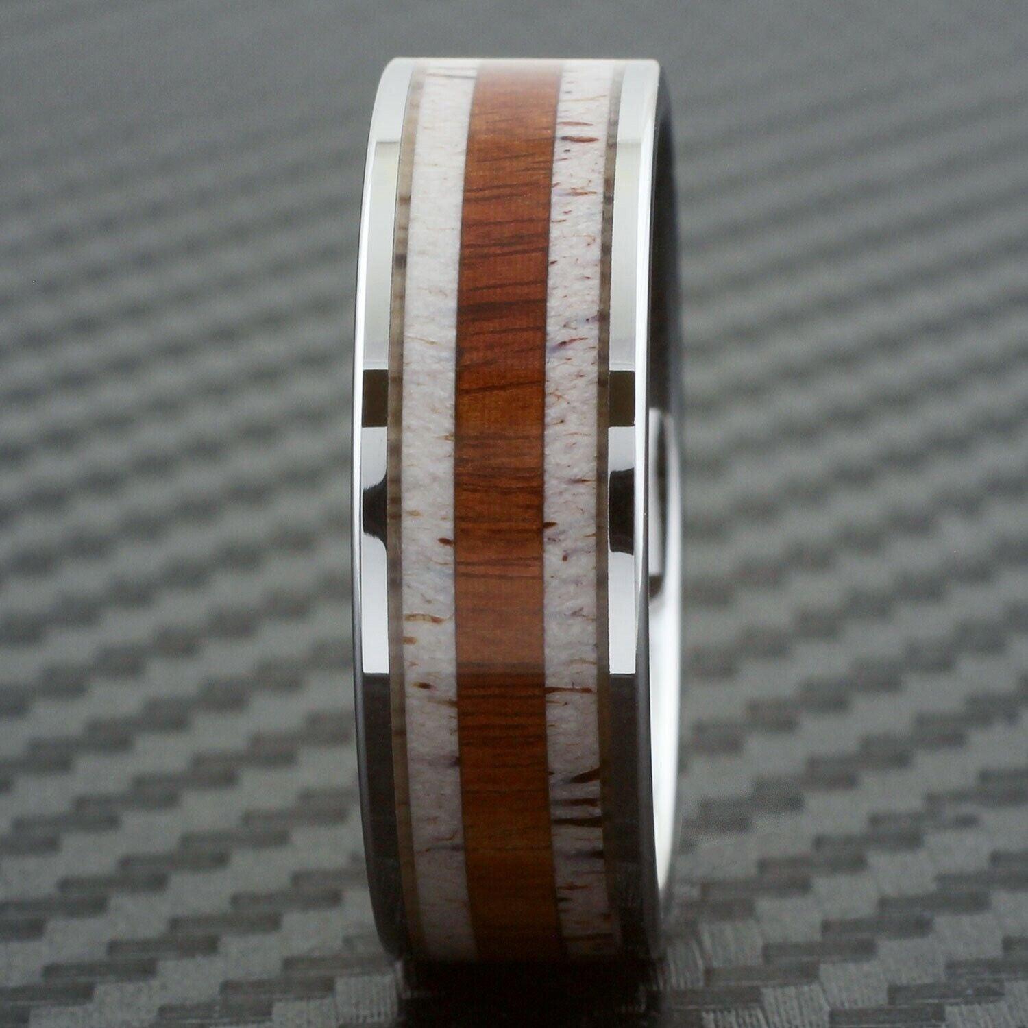 Tungsten Rings for Men Wedding Bands for Him Womens Wedding Bands for Her 8mm Deer Antler With Sandalwood Stripe Wedding Band - Jewelry Store by Erik Rayo